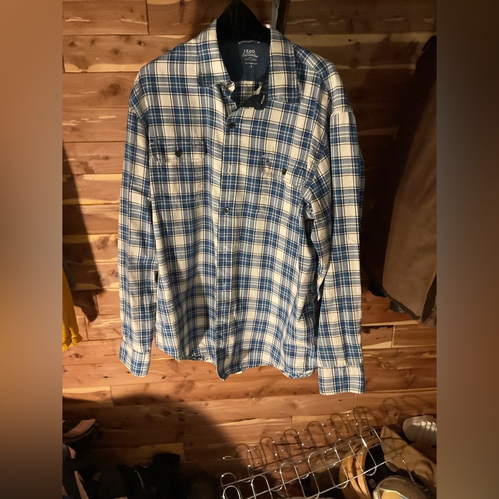 Izod Saltwater Relaxed Classics Men's Long Sleeve Blue and White Plaid Shirt  L
